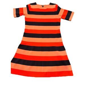 Ann Taylor Sweater Dress Large Striped Red Navy Coral Short Sleeve Knit Stretch